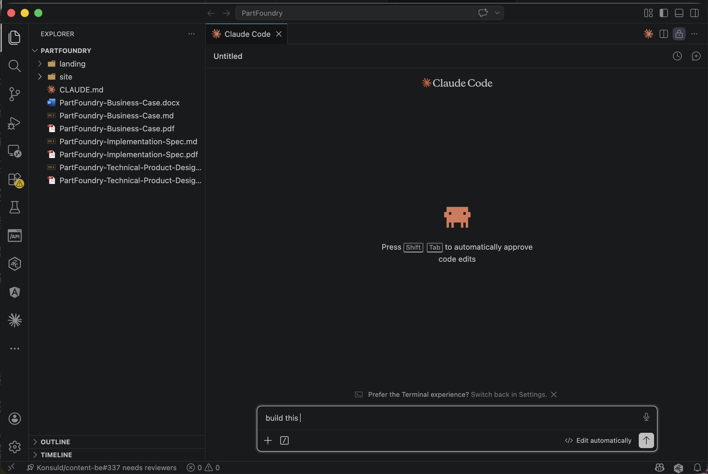 Claude Code session start — 'build this' prompt against the PartFoundry repo, 9:30am ET